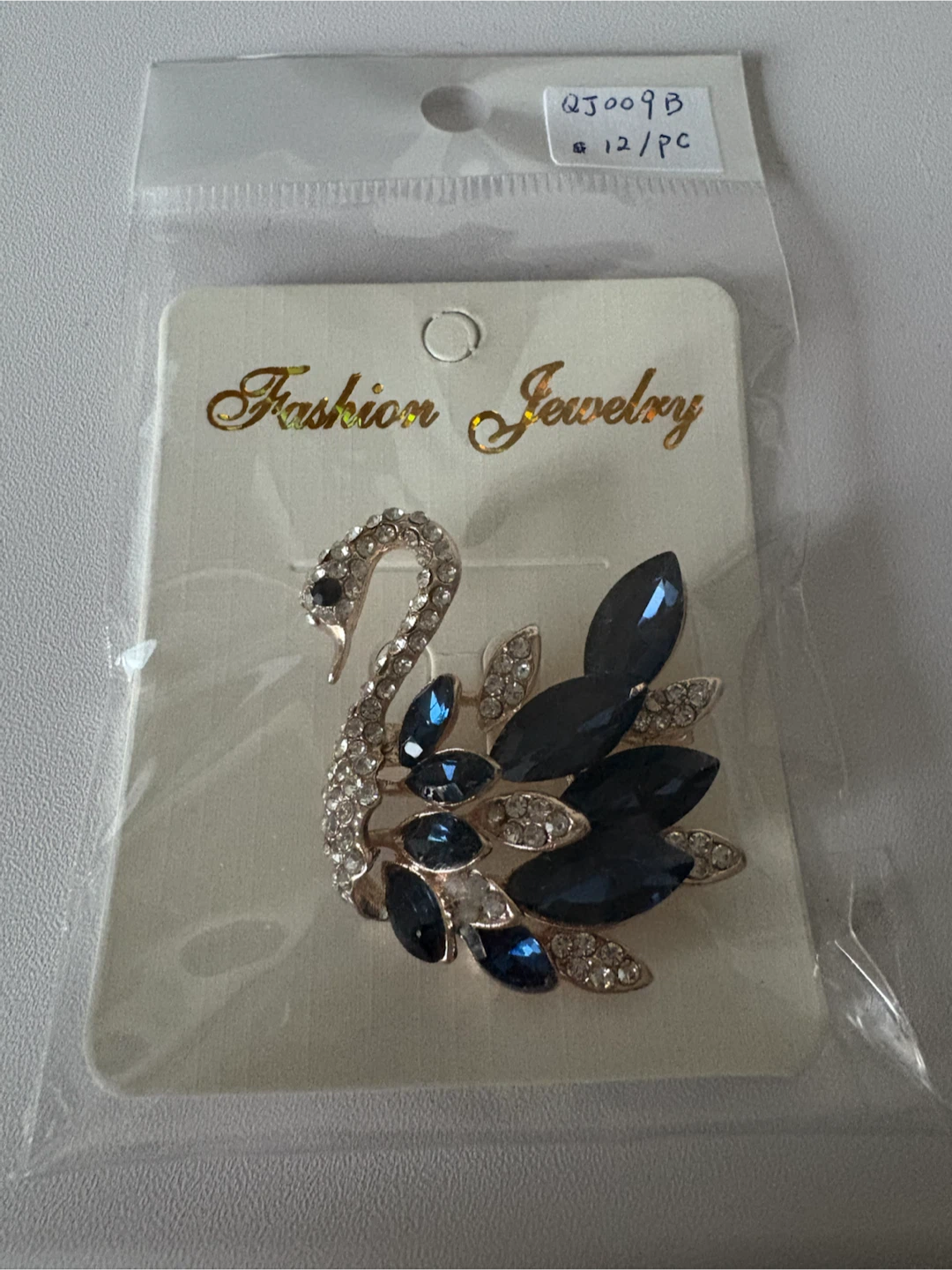 Swan Brooch with Blue and Clear Crystals