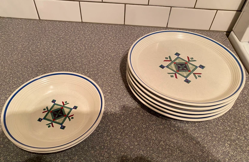 Round plates with Blue Rim and Geometric Design