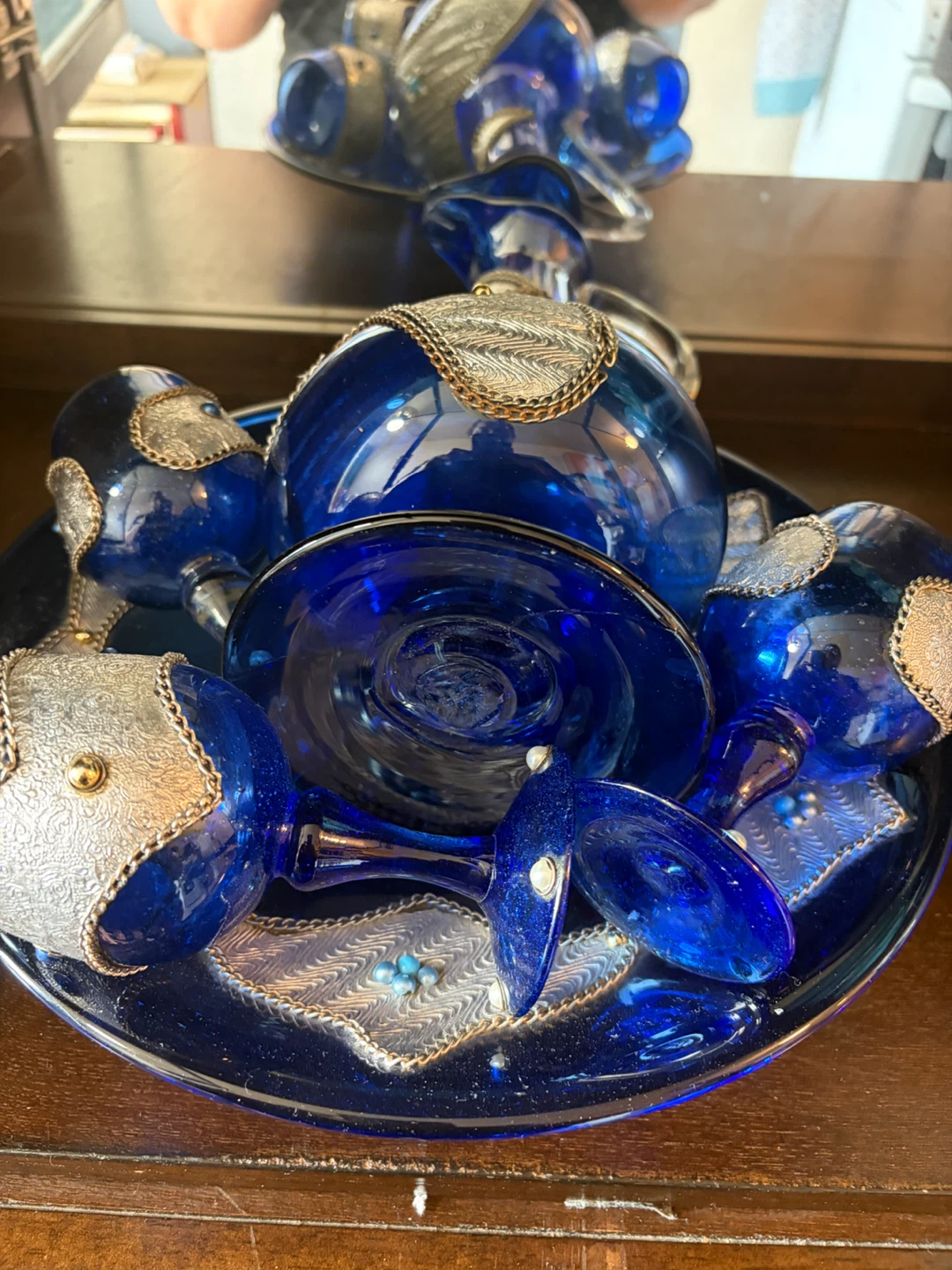 Blue Glass Decanter and Glasses Set with Tray