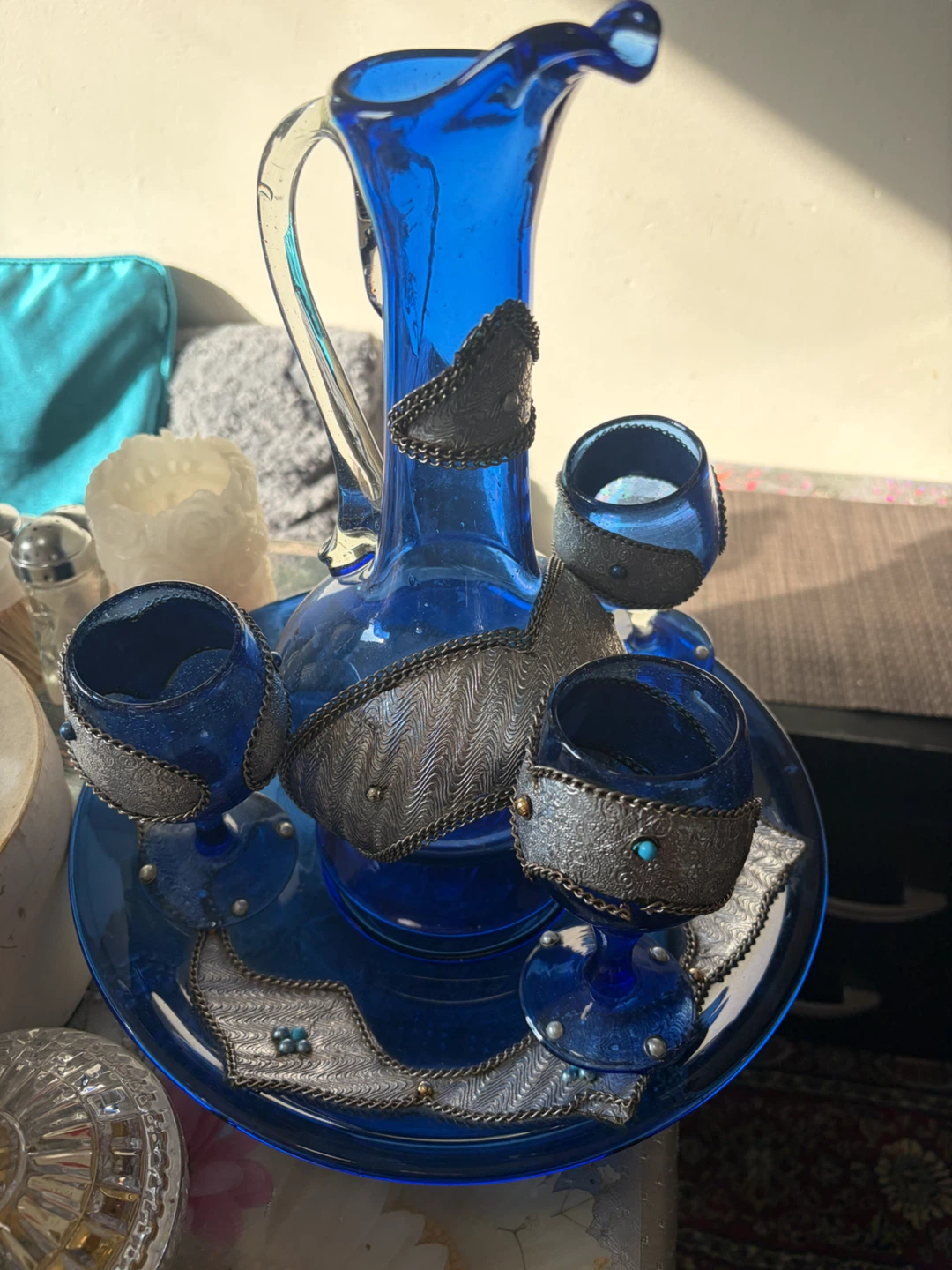 Blue Glass Decanter and Glasses Set with Tray - photo 3