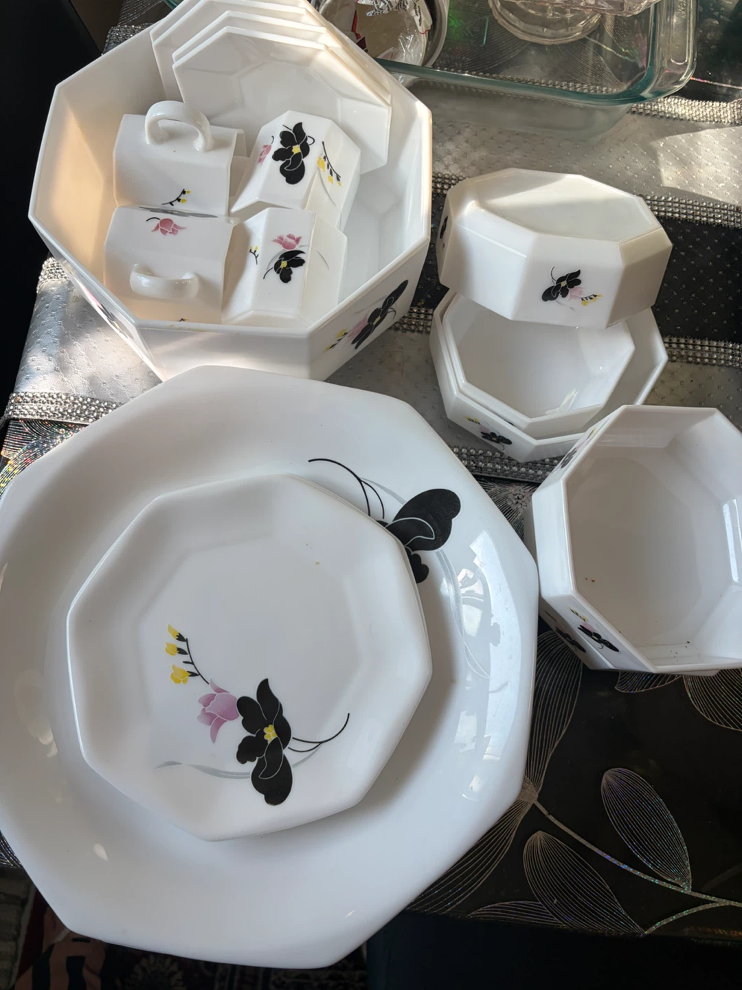 White Octagonal Dinnerware Set with Floral Design