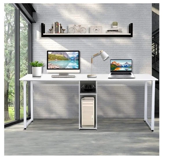 White Double Computer Desk with Shelves