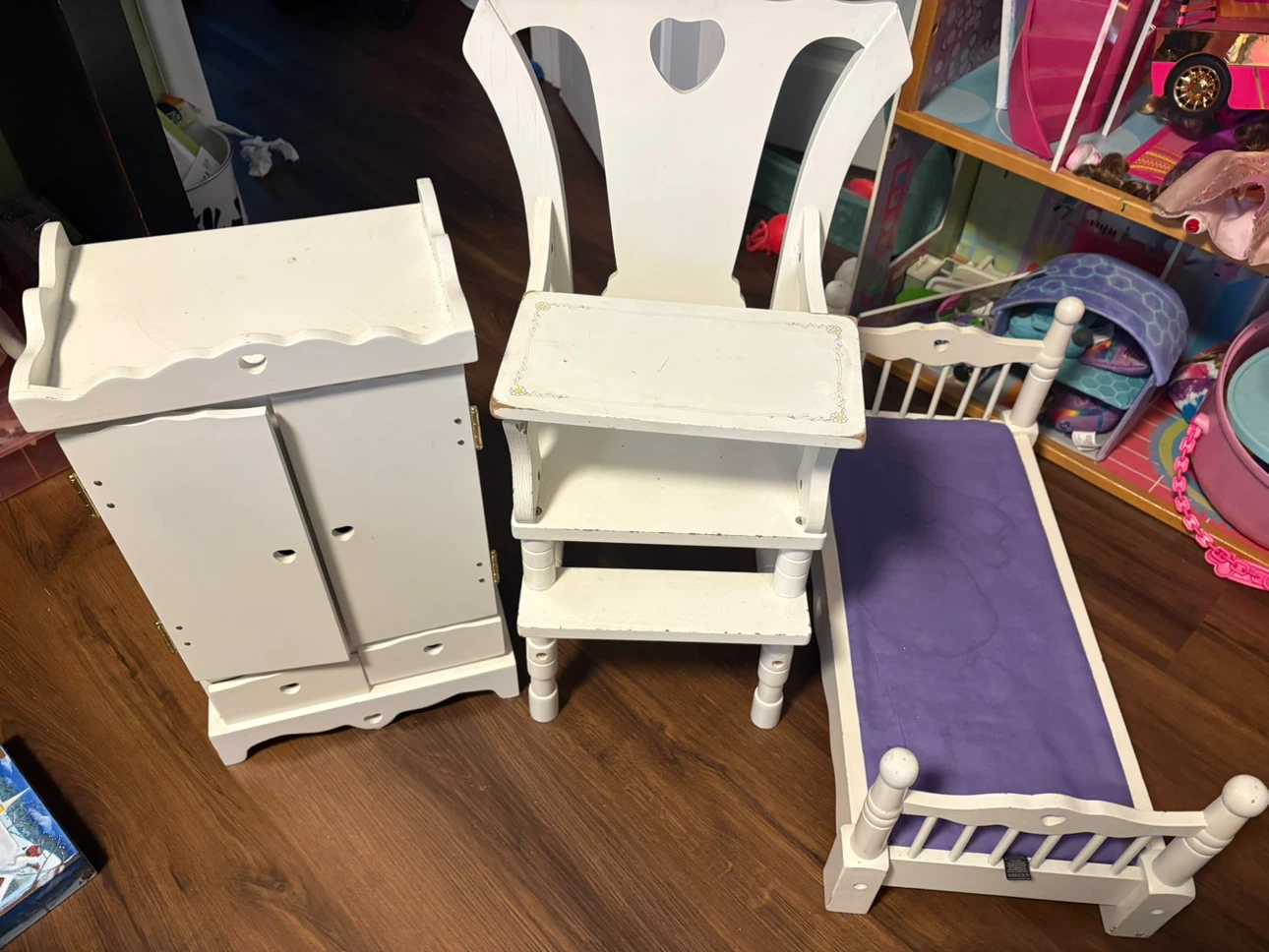White Doll Furniture Set - Wardrobe, High Chair, and Bed