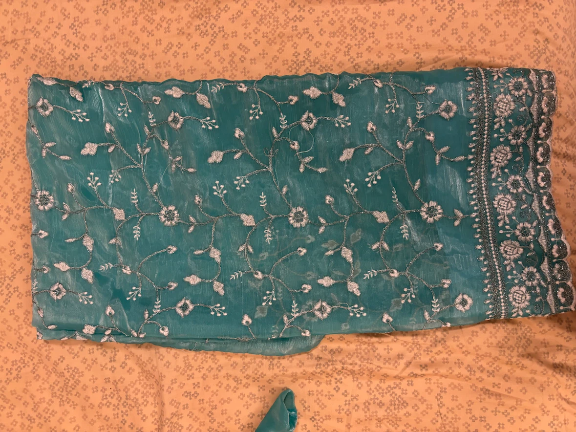 Beautiful Teal Embroidered Saree with Blouse