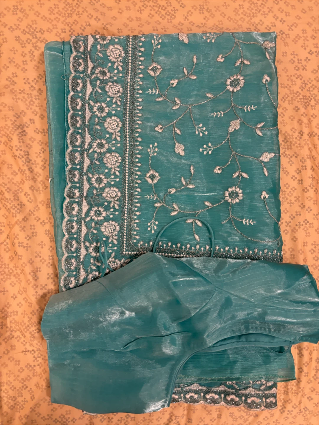 Beautiful Teal Embroidered Saree with Blouse - photo 2