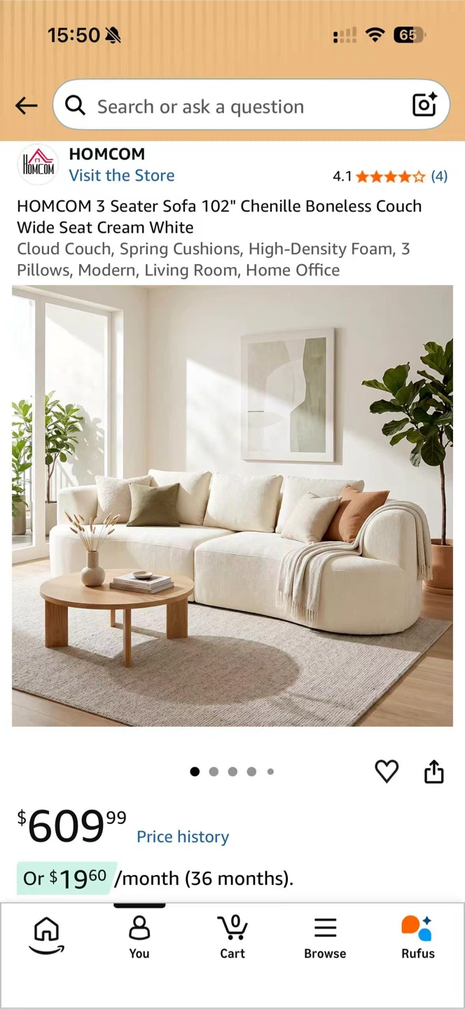 HOMCOM 3 Seater Sofa 102" Chenille Boneless Couch - photo 2