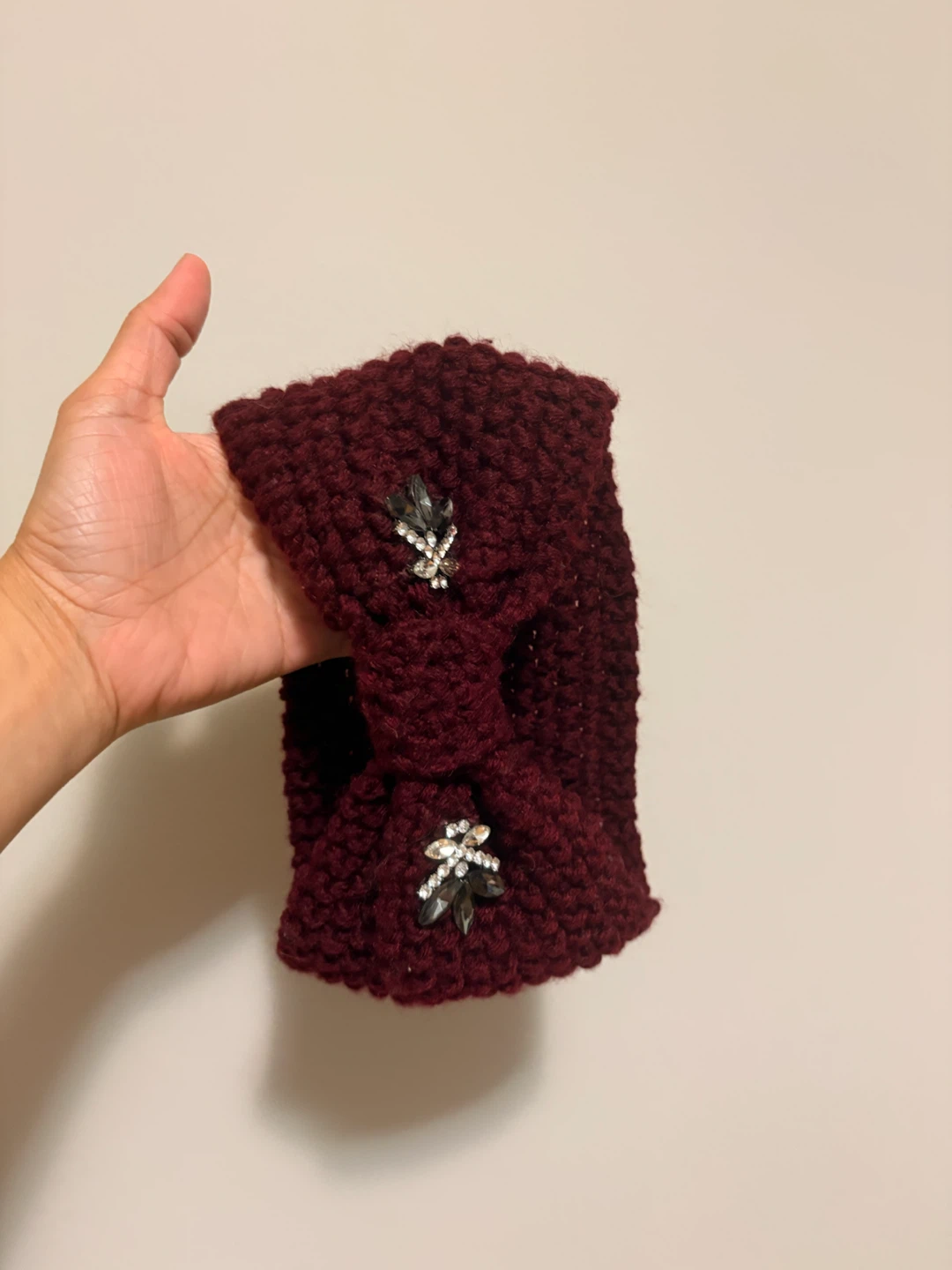 Maroon Knit Headband with Rhinestone Bow Accent