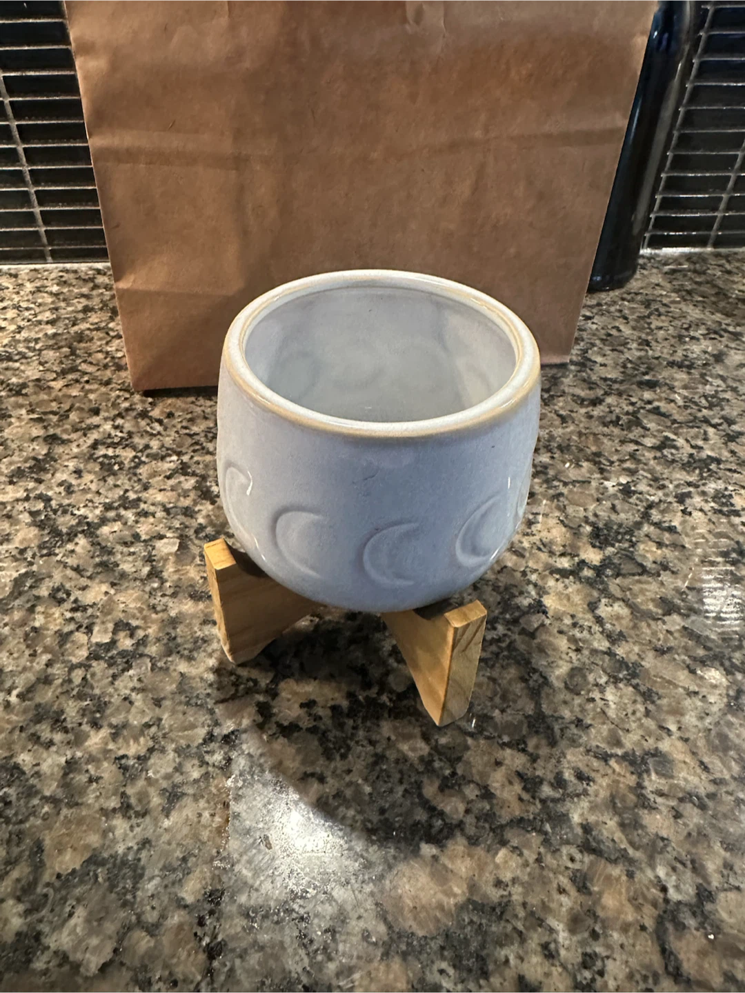 Ceramic Moon Phase Planter with Wooden Stand
