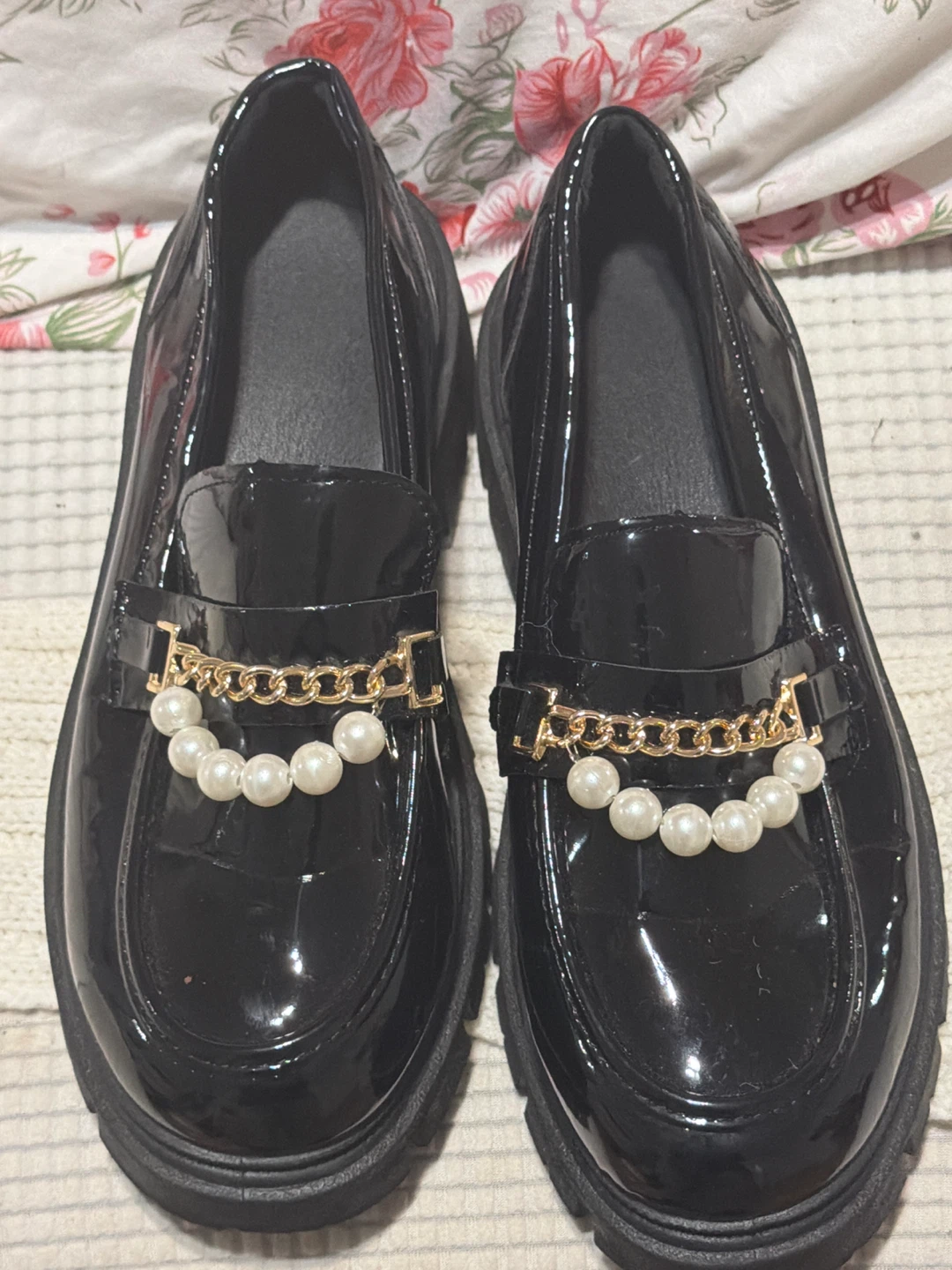 Black Patent Loafers with Pearls and Chain Detail