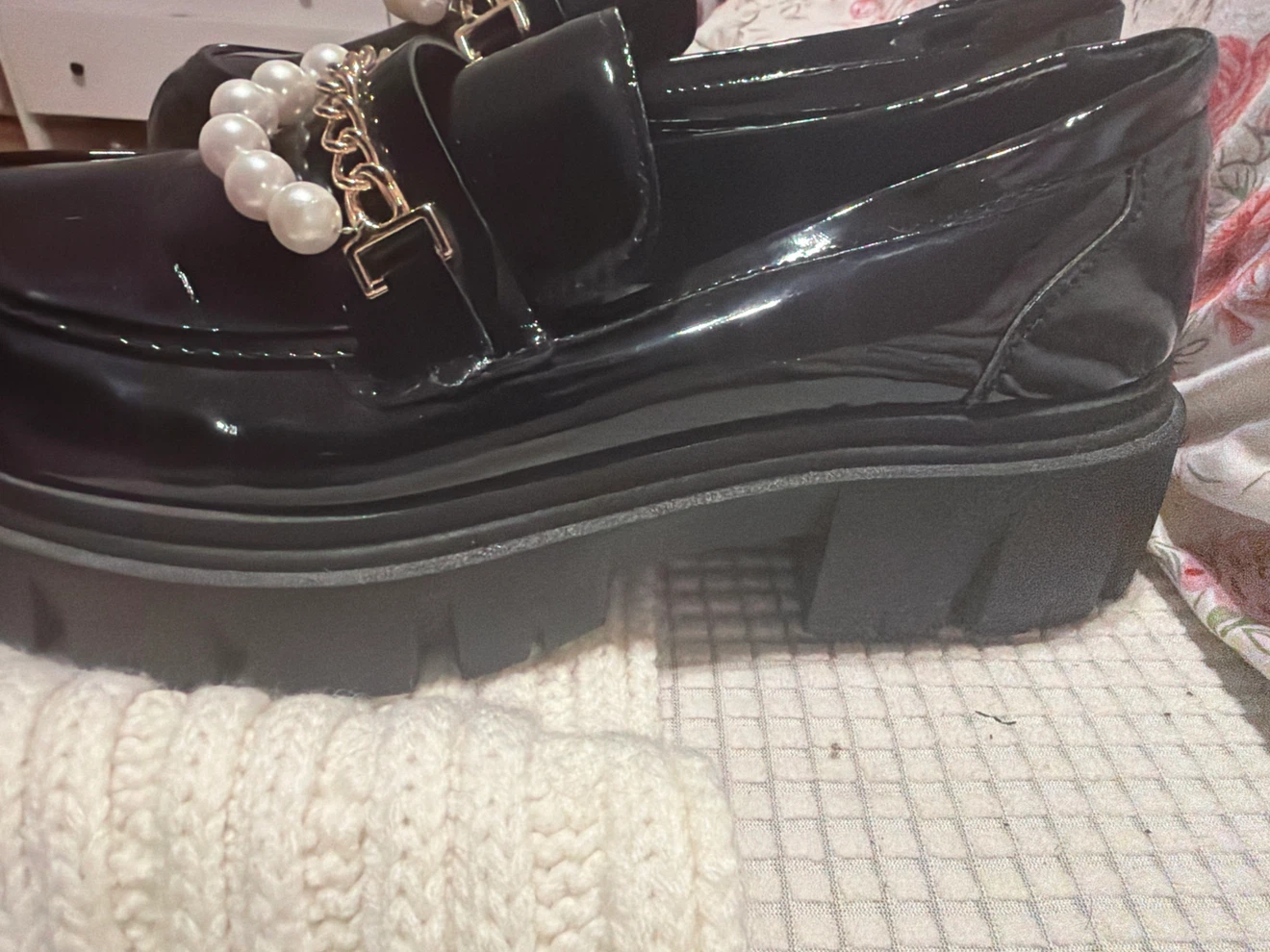Black Patent Loafers with Pearls and Chain Detail - photo 2