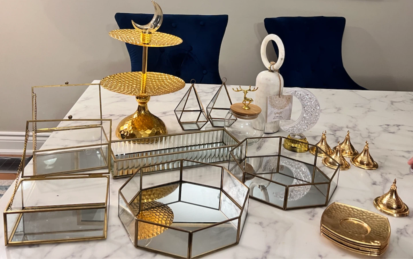 Decorative Geometric Glass & Gold Trays Set