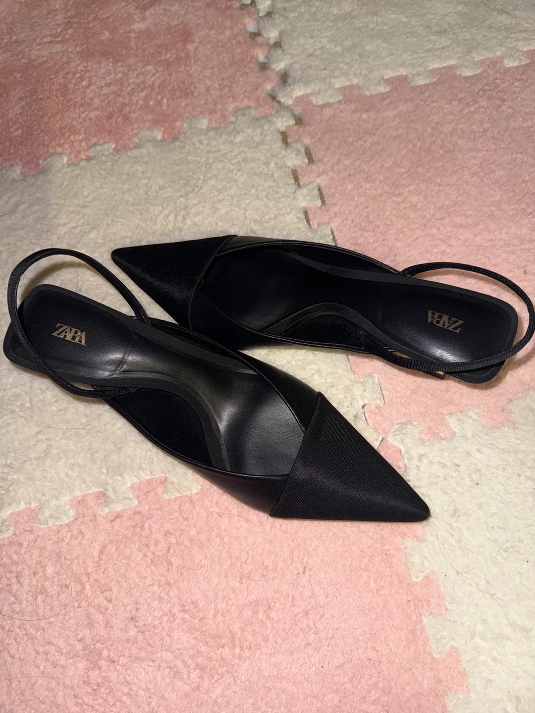 ZARA Slingback Heels Black Satin Pointed Toe Size 7