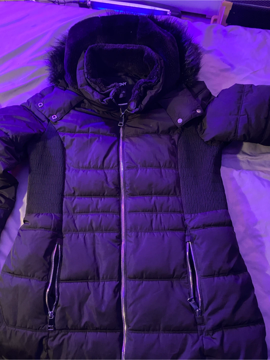 Dkny faux trim hooded puffer coat