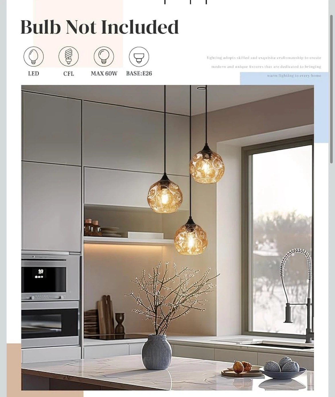 EMLIVIAR 3-Light Pendant Chandelier Amber Glass - photo 2