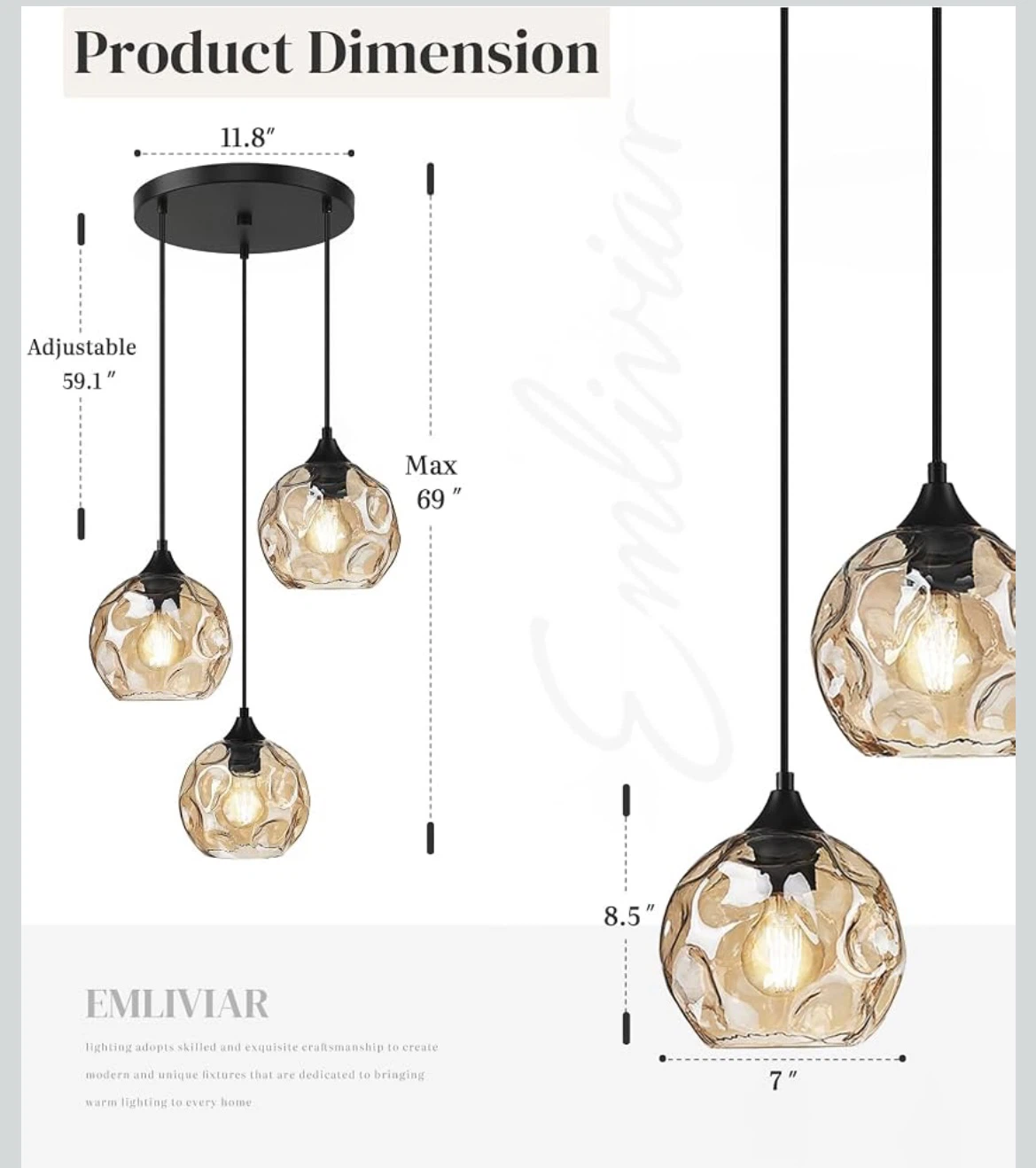 EMLIVIAR 3-Light Pendant Chandelier Amber Glass - photo 5