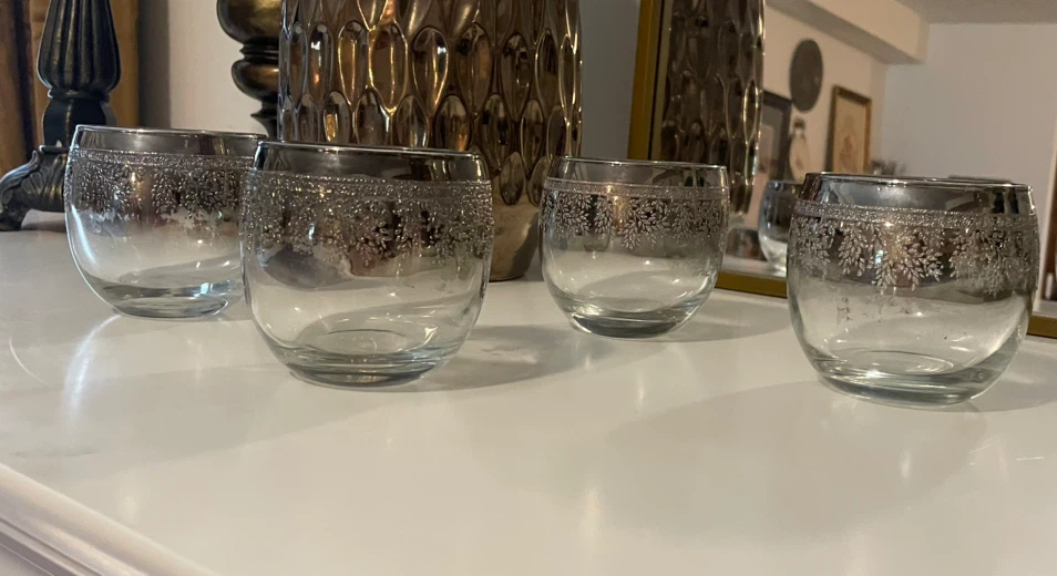 Set of 4 Lowball Glasses with Silver Embossed Rim