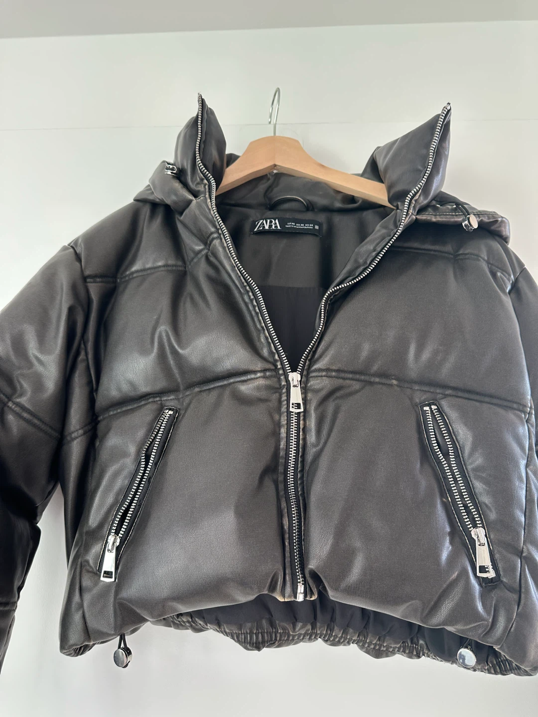 ZARA Black Faux Leather Puffer Jacket