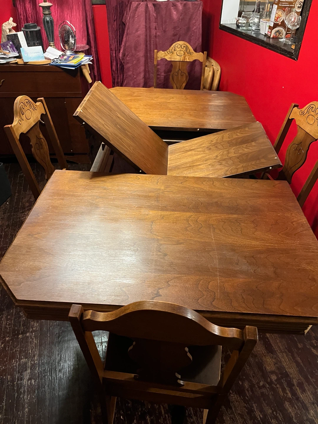 Wooden dining room table & chairs set (table w-built-in leaf) - photo 3