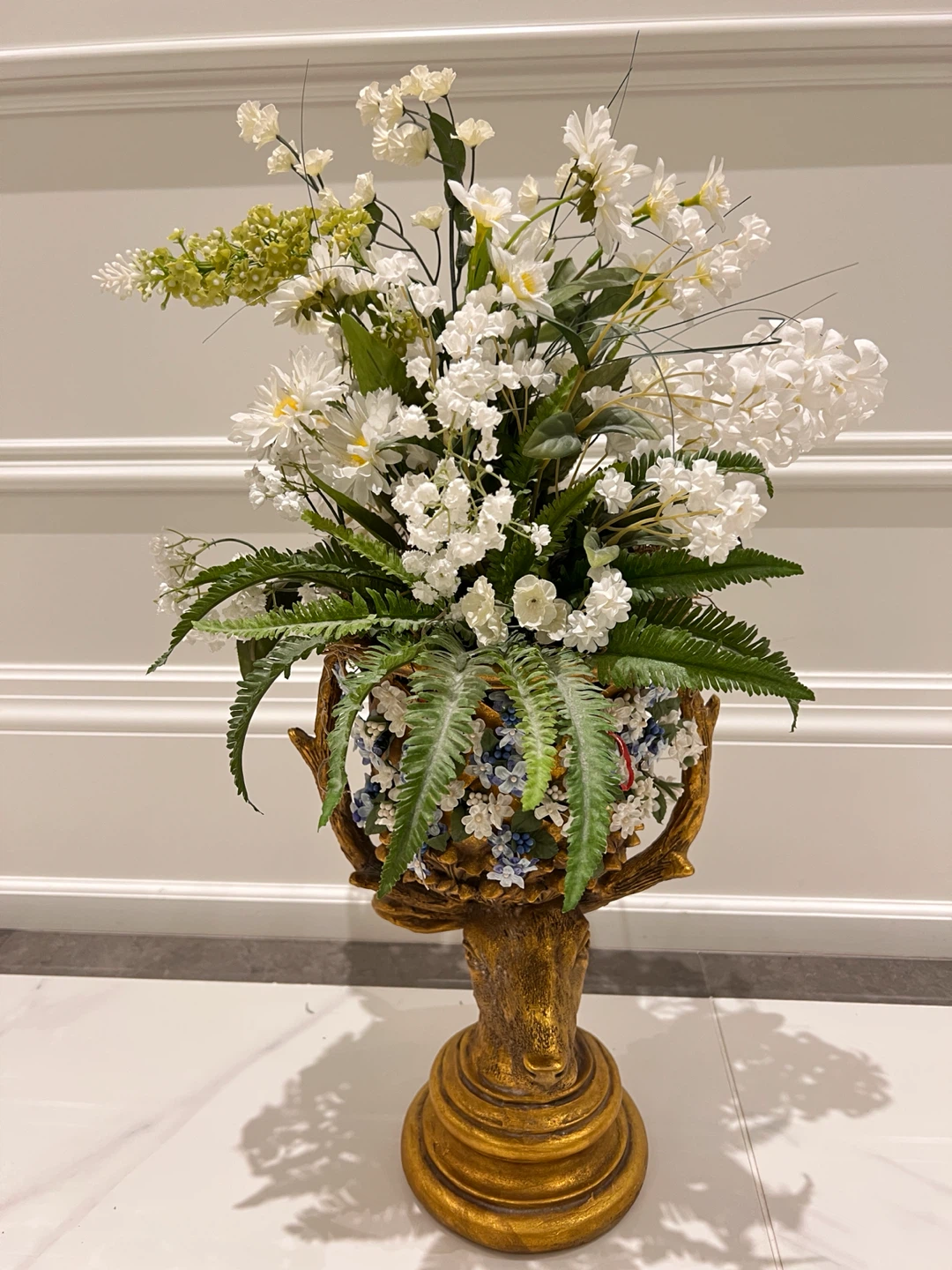 Gold Deer Head Vase with Faux Flowers