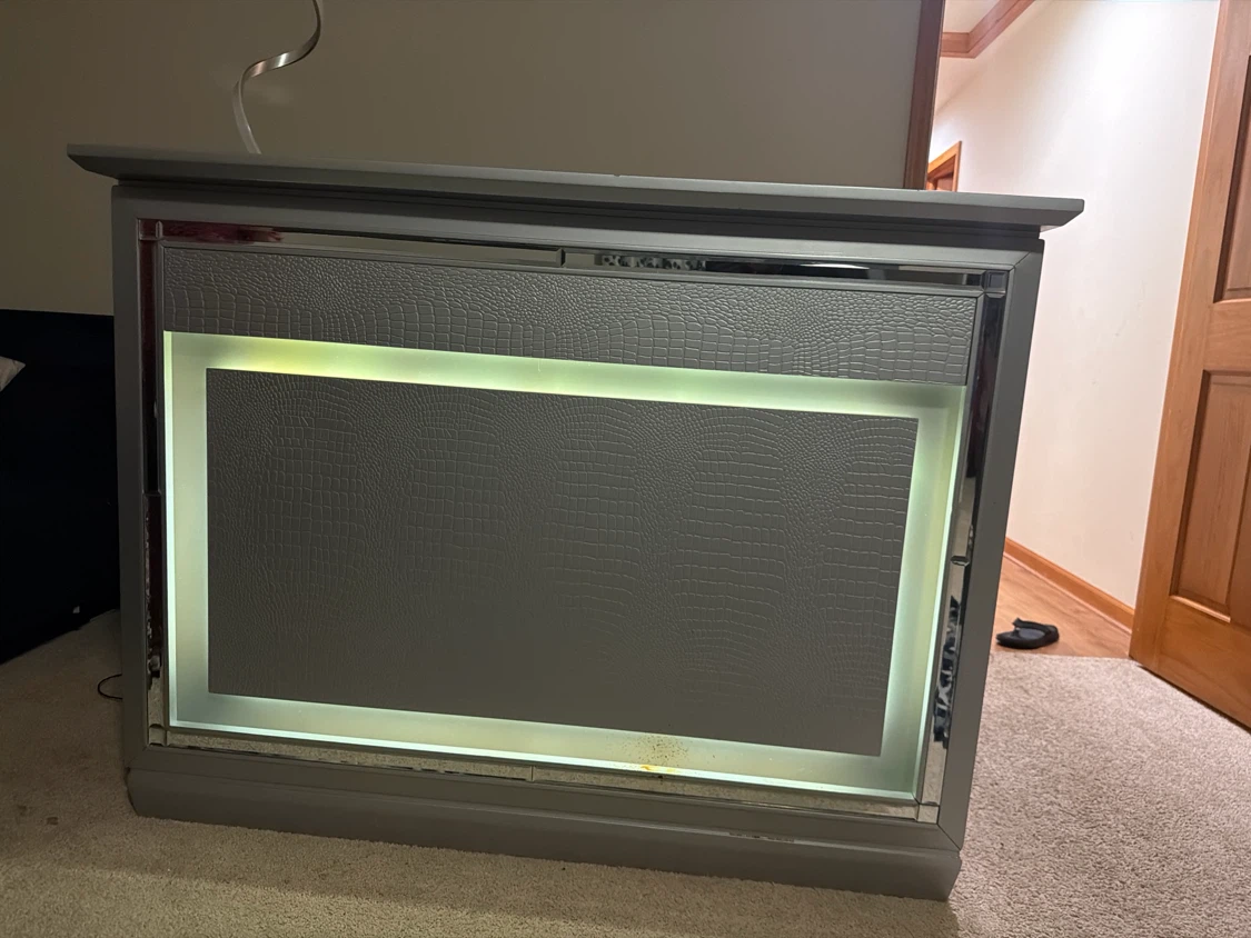 Gray Bar Cabinet with Mirrored Accents and LED Lighting