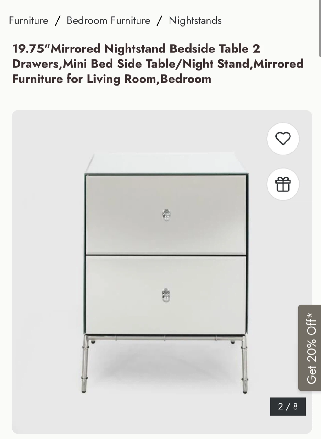 Mirrored 2-Drawer Nightstand Bedside Table - photo 3