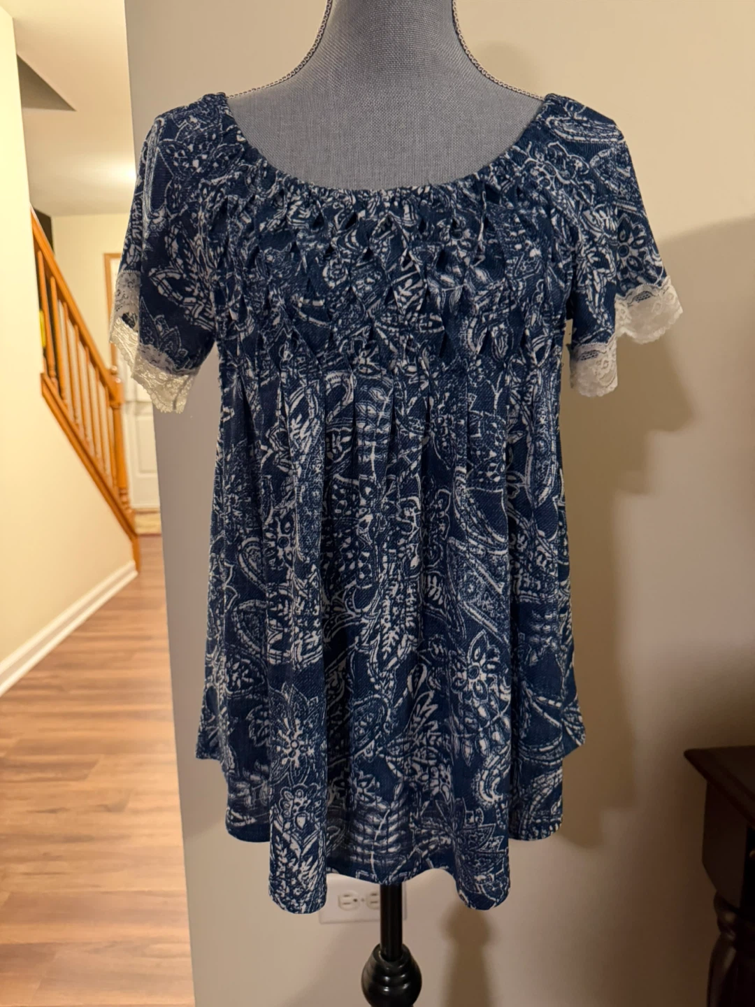 Blue & White Paisley Print Blouse with Lace Trim