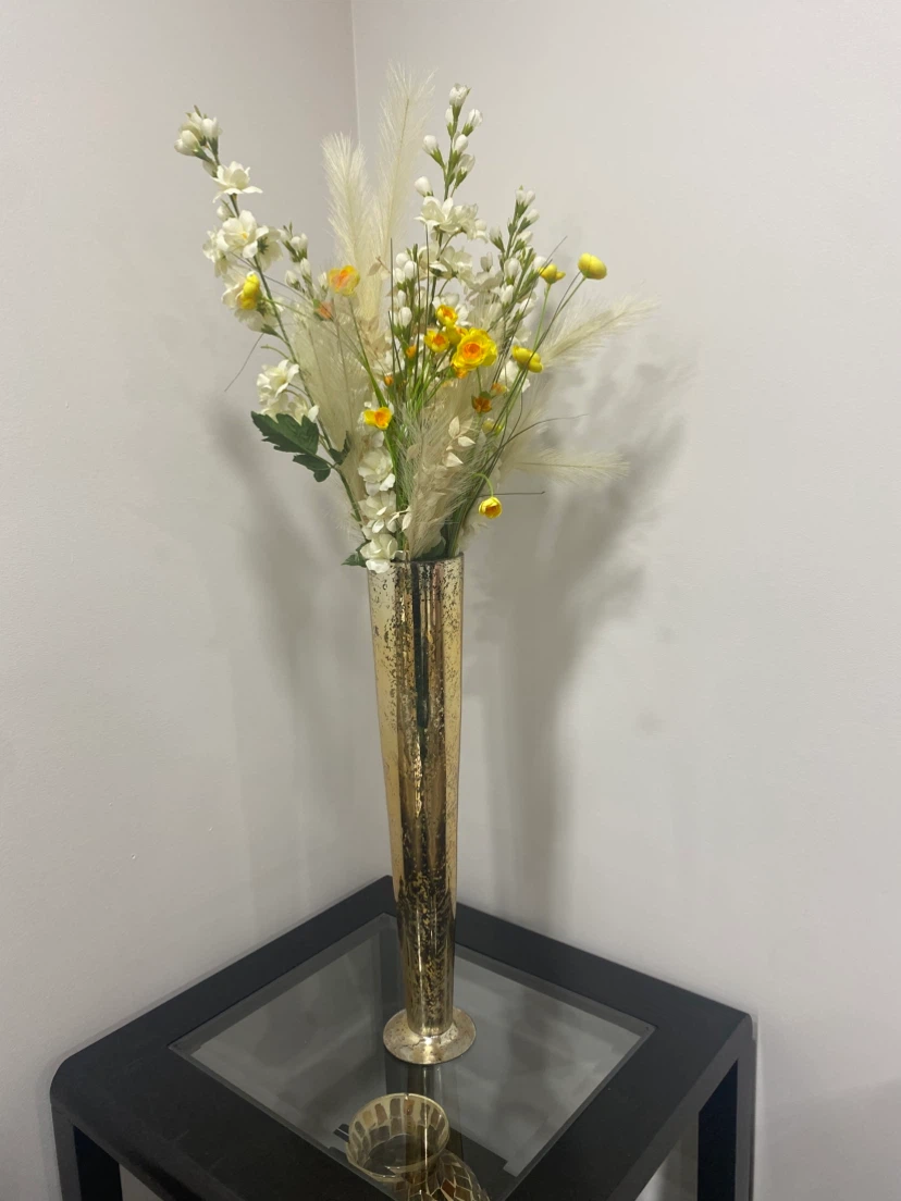 Gold Tall Trumpet Vase with Faux Flowers