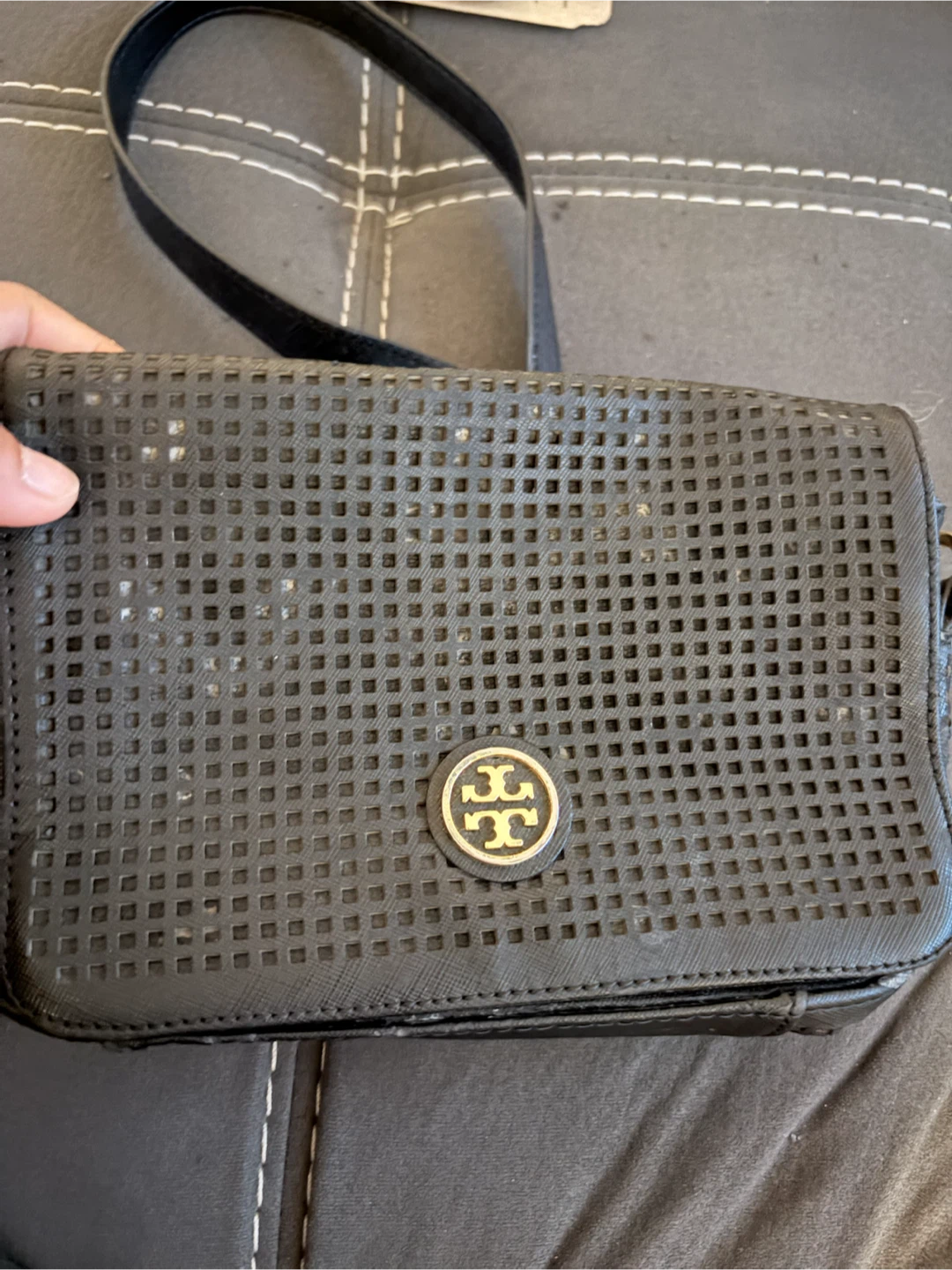 Tory Burch Black Leather Perforated Crossbody Bag