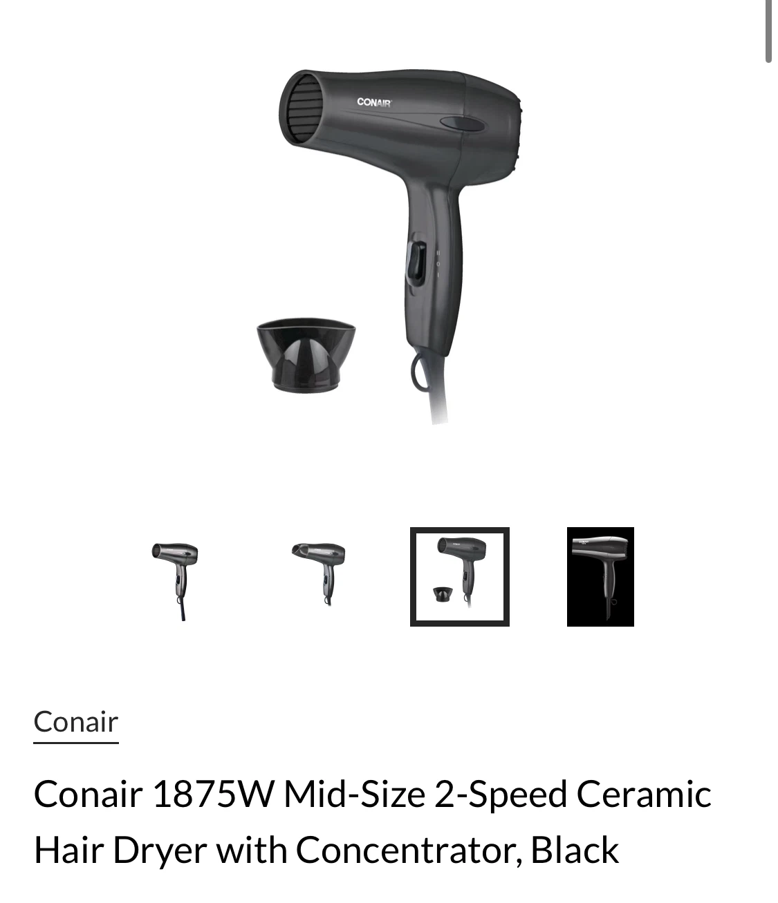 Conair 1875W Hair Dryer with Concentrator, Black