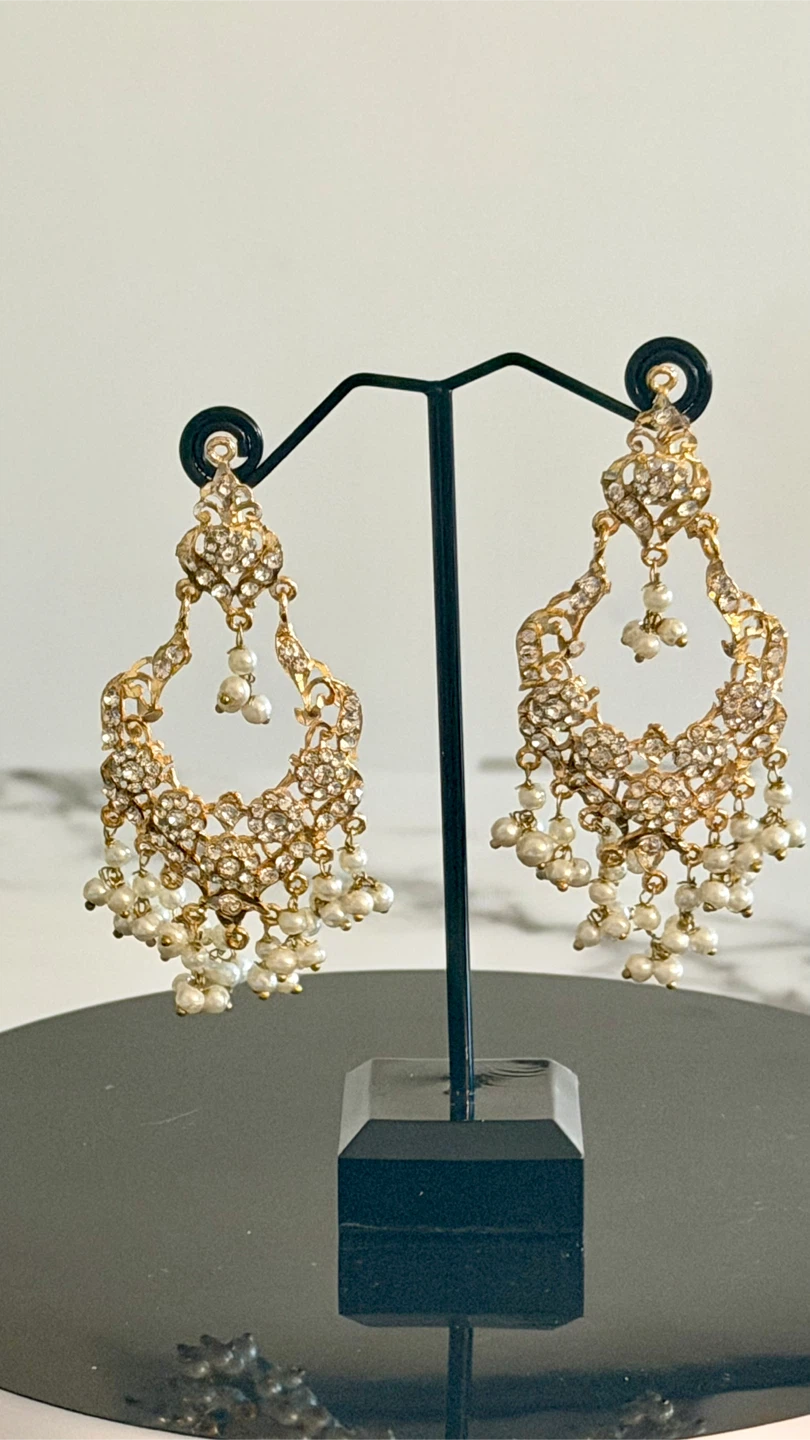 Gold-tone Chandelier Earrings with White Pearls and Rhinestones