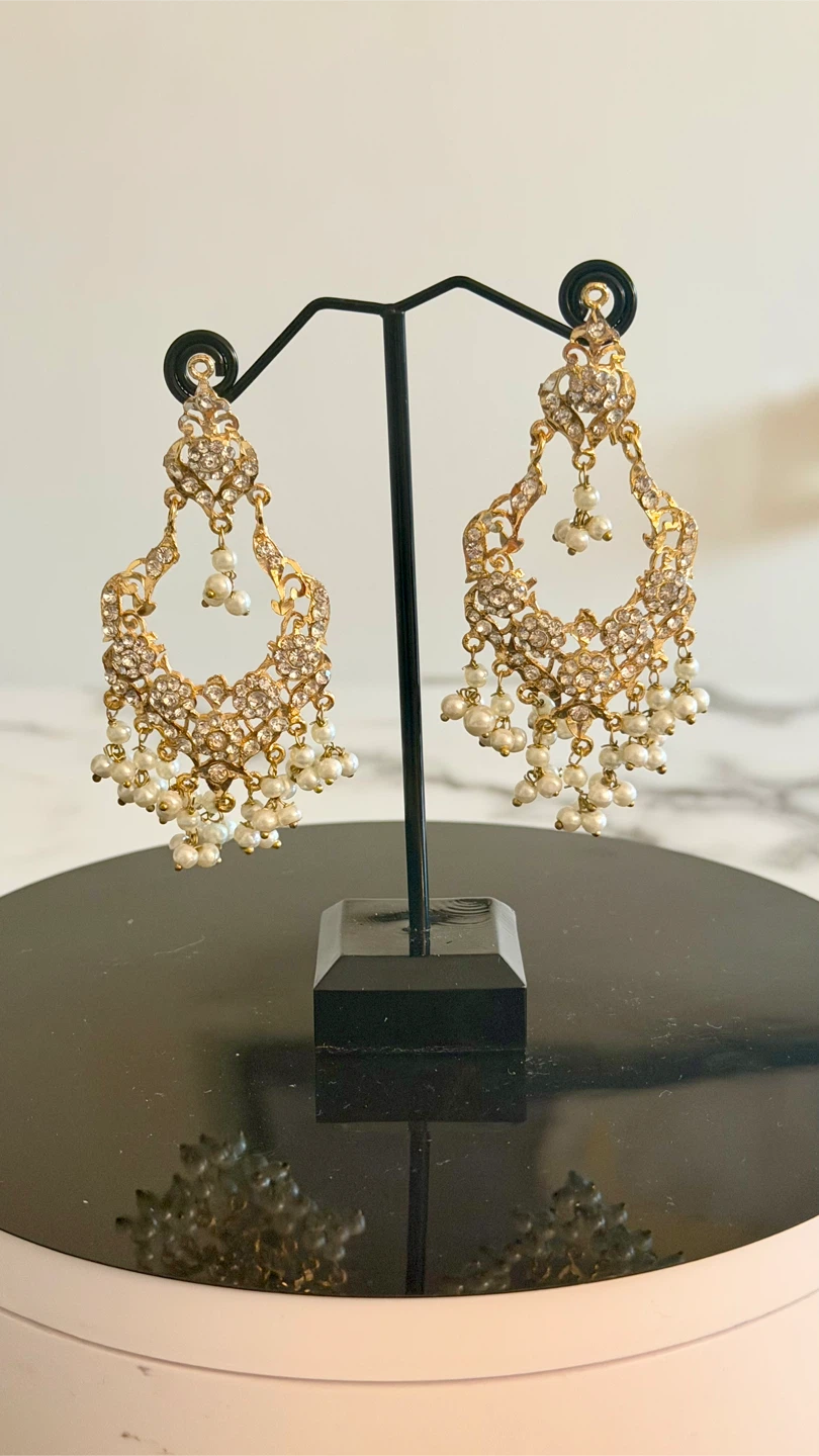 Gold-tone Chandelier Earrings with White Pearls and Rhinestones - photo 2