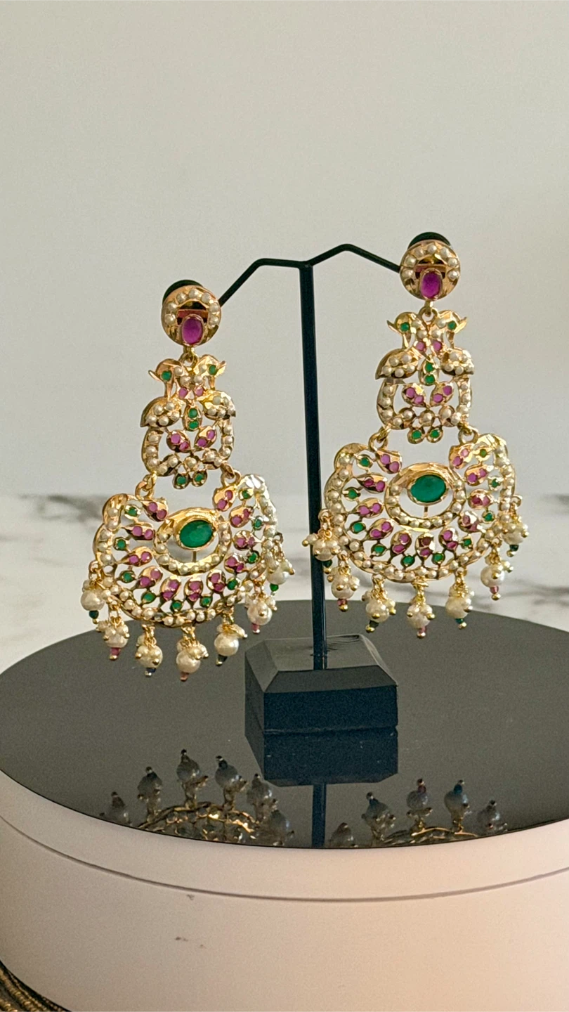 Gold-tone Statement Earrings with Pearls and Green/Pink Stones