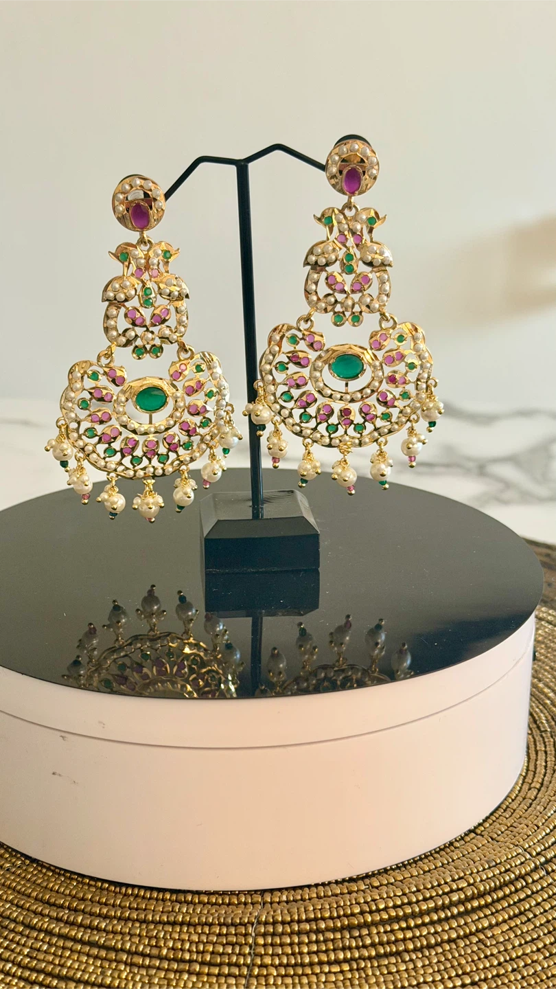 Gold-tone Statement Earrings with Pearls and Green/Pink Stones - photo 2