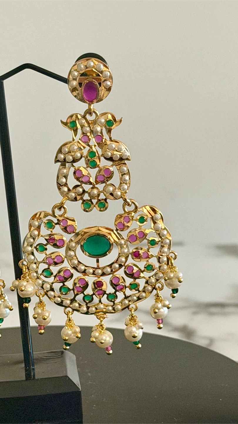 Gold-tone Statement Earrings with Pearls and Green/Pink Stones - photo 3