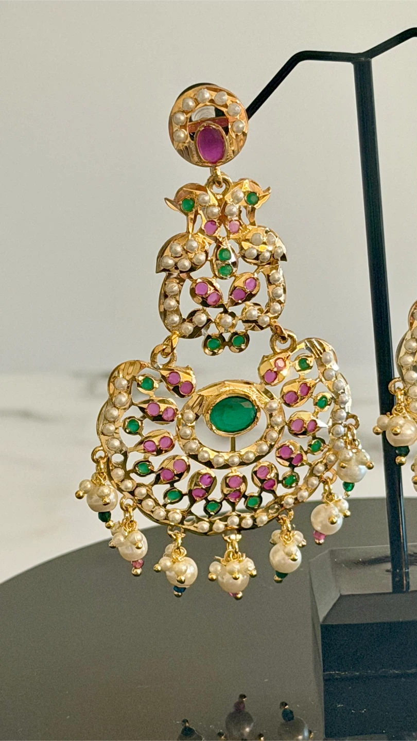 Gold-tone Statement Earrings with Pearls and Green/Pink Stones - photo 4