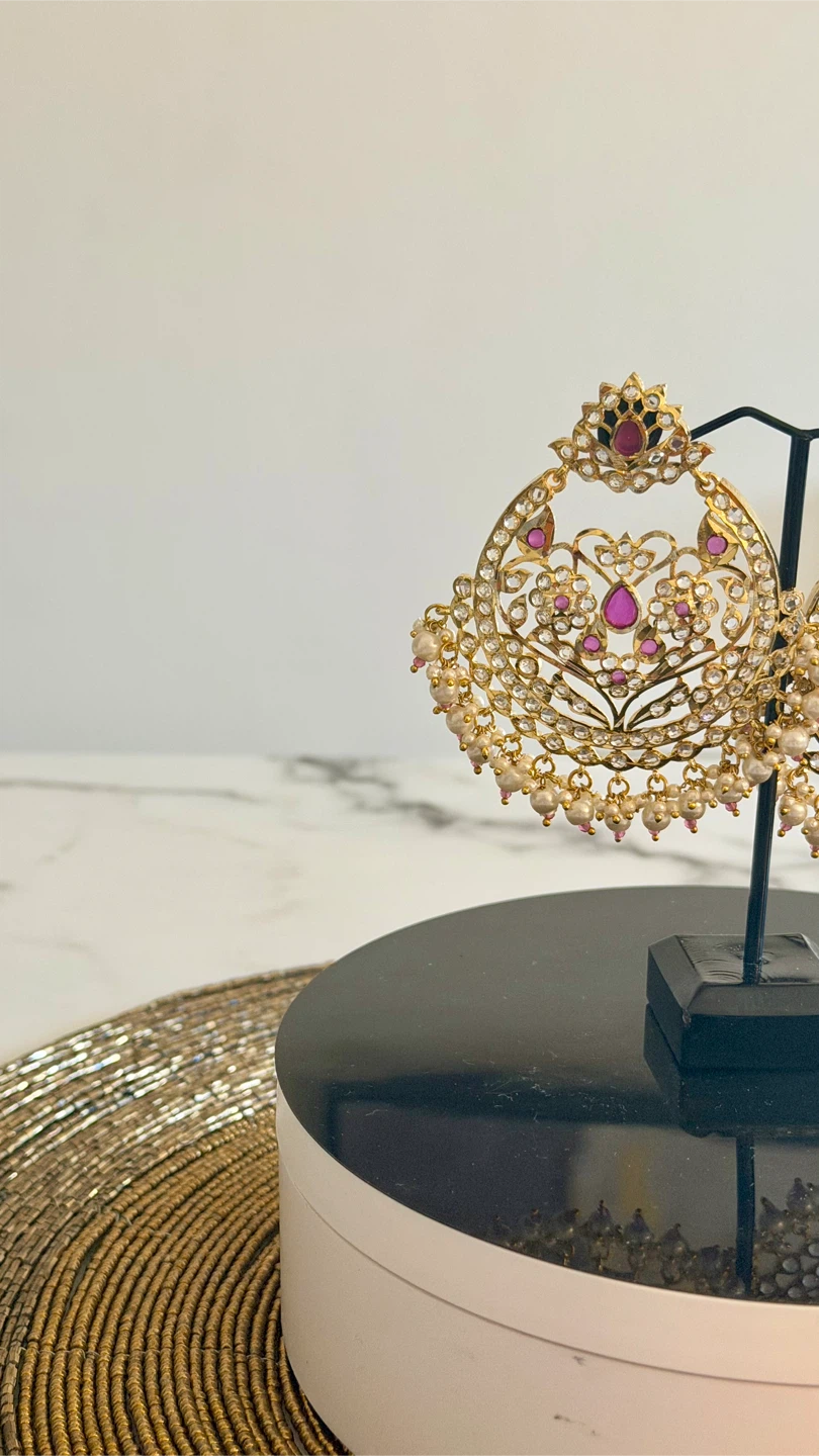 Gold-tone statement earrings with pearls and pink stones - photo 2