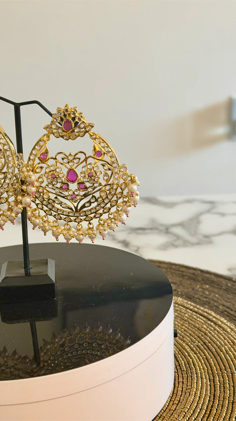 Gold-tone statement earrings with pearls and pink stones - photo 3