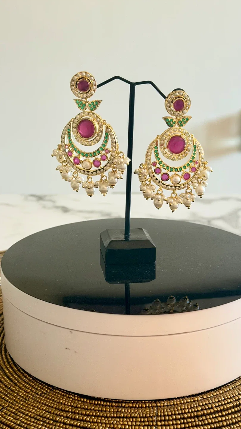 Gold Chandbali Earrings with Pearls and Pink Stones