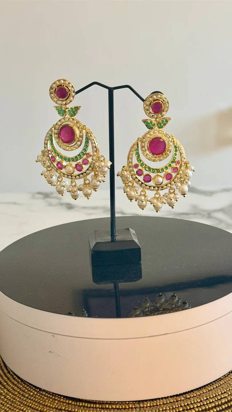 Gold Chandbali Earrings with Pearls and Pink Stones - photo 2