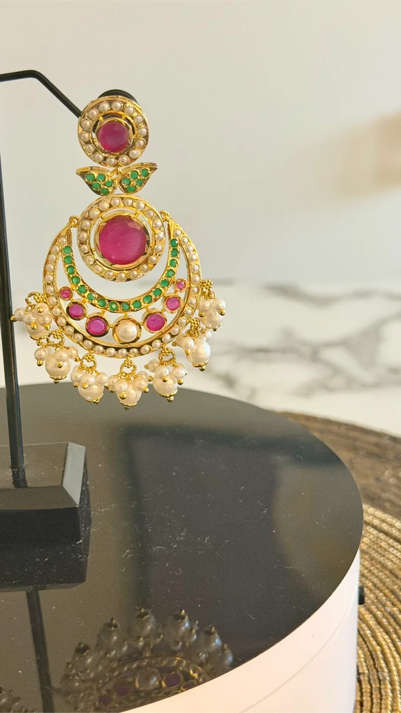 Gold Chandbali Earrings with Pearls and Pink Stones - photo 3