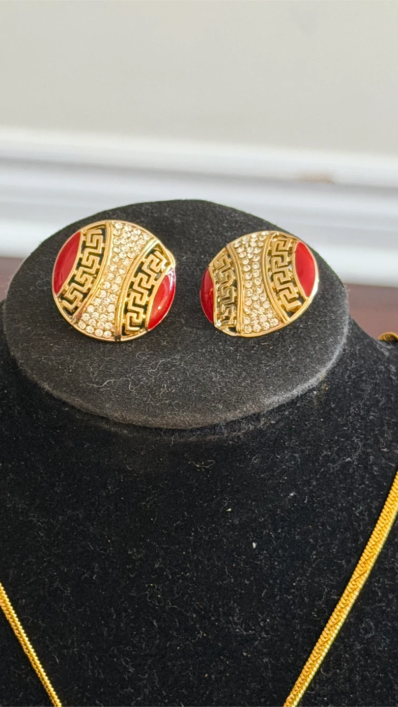 Gold Tone Necklace and Earring Set with Red and Crystal Accents - photo 2