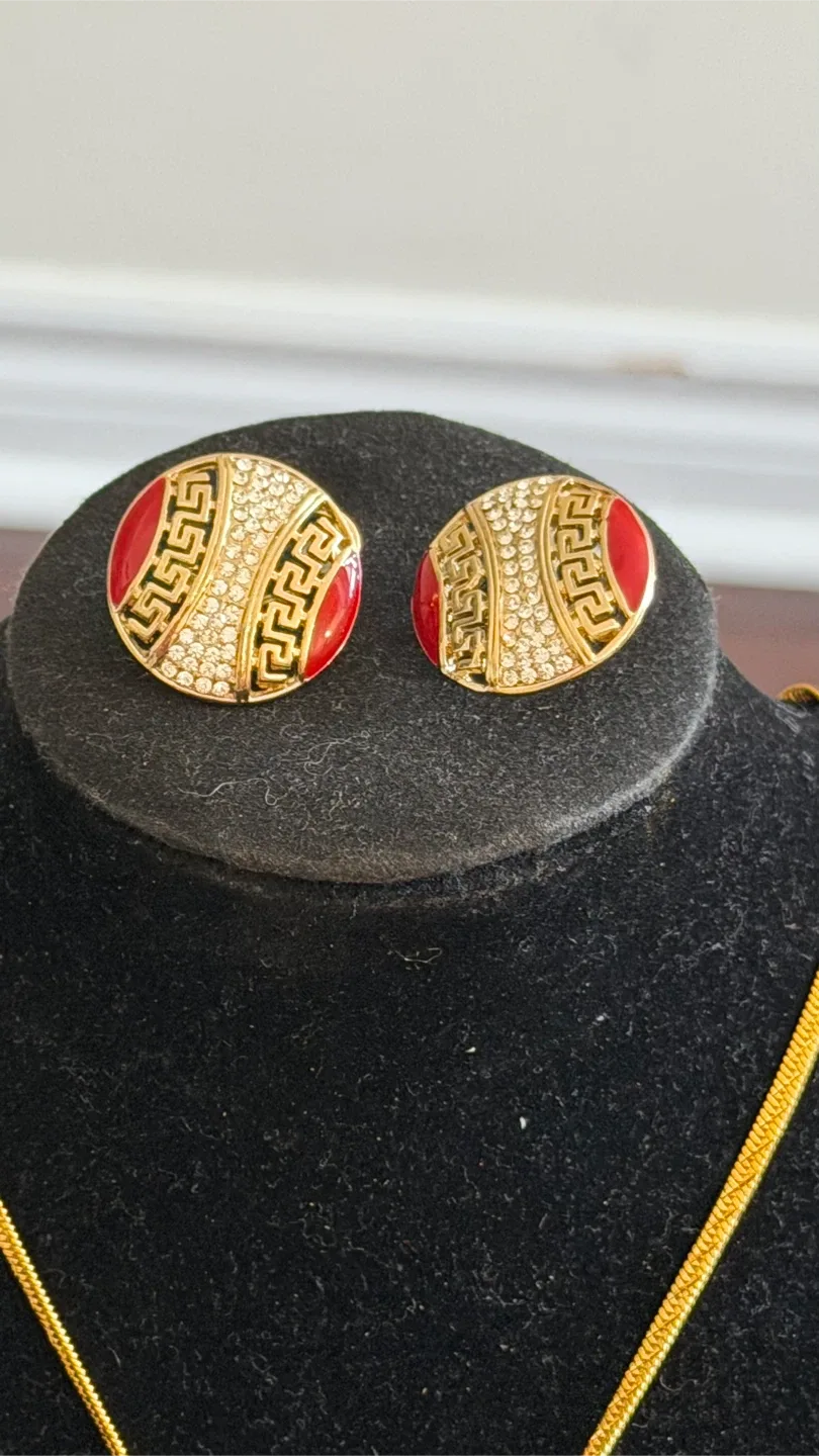 Gold Tone Necklace and Earring Set with Red and Crystal Accents - photo 2