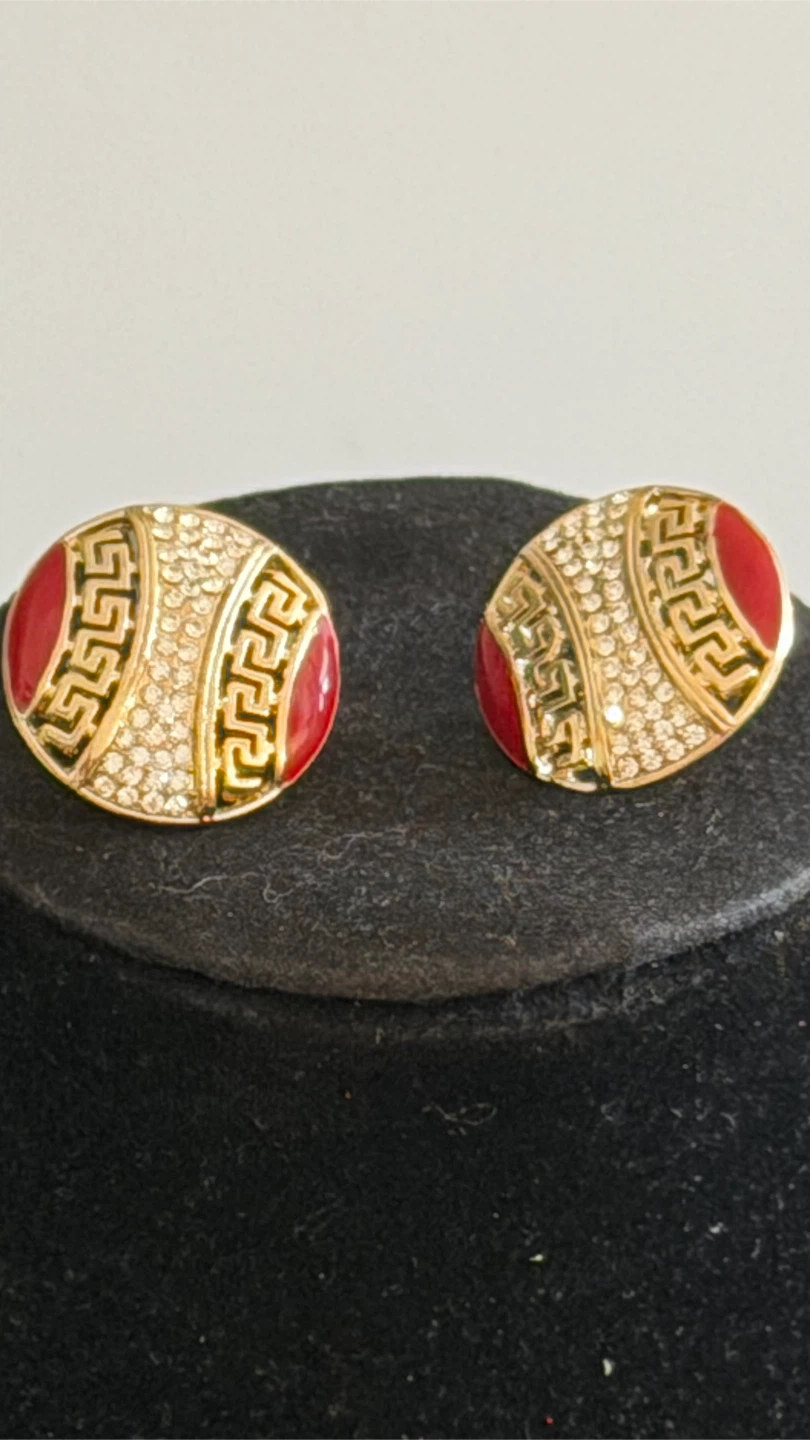 Gold Tone Necklace and Earring Set with Red and Crystal Accents - photo 4