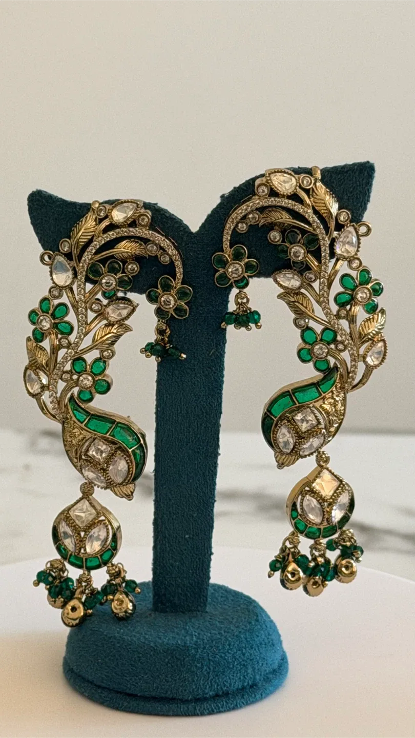 Gold-tone Peacock Earrings with Green and White Stones