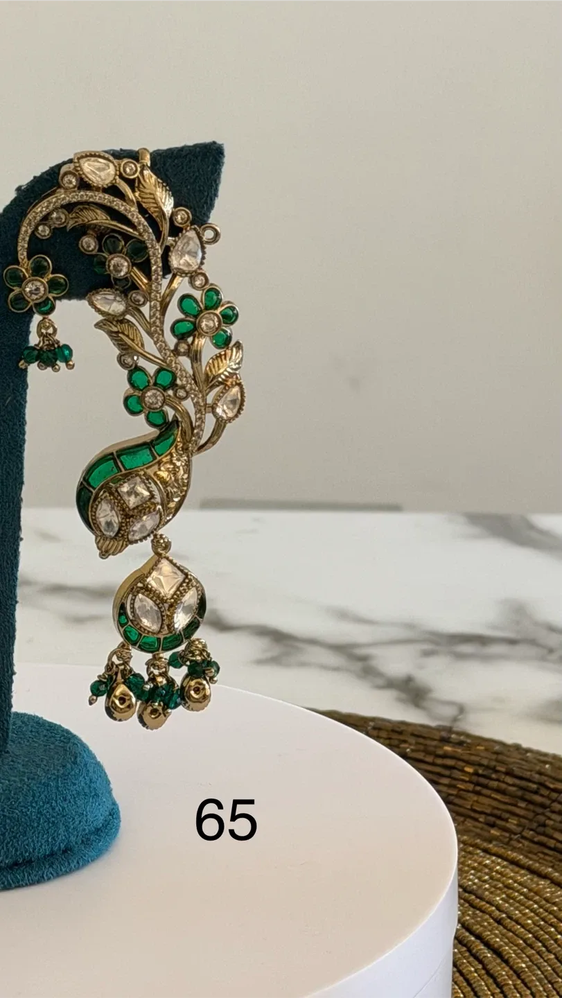 Gold-tone Peacock Earrings with Green and White Stones - photo 2