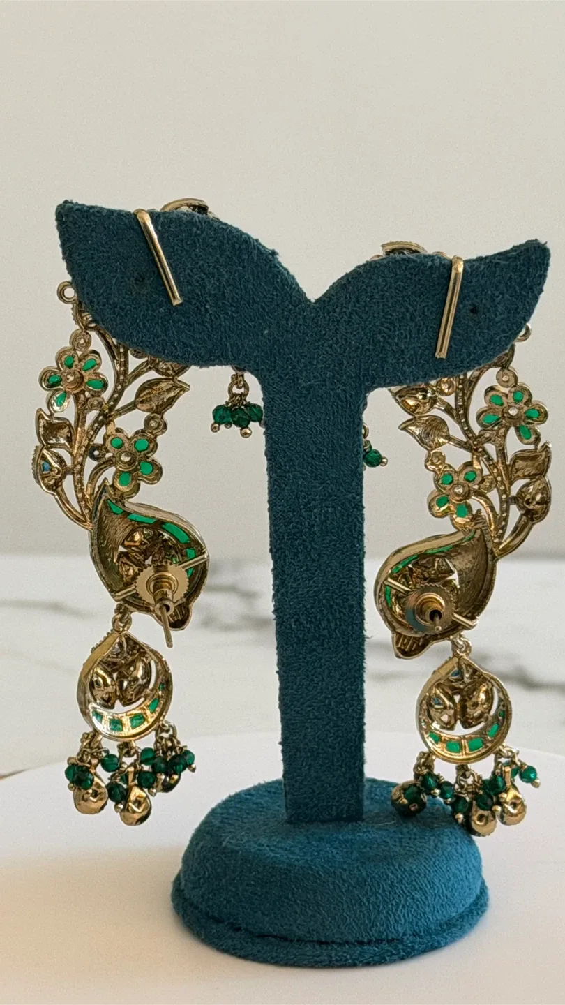 Gold-tone Peacock Earrings with Green and White Stones - photo 3