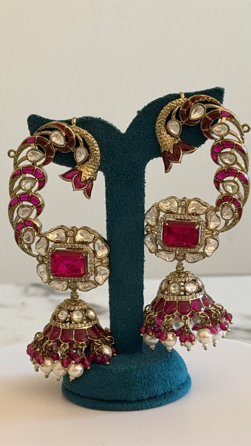 Large ear cuff Jhumka  with Red Stones