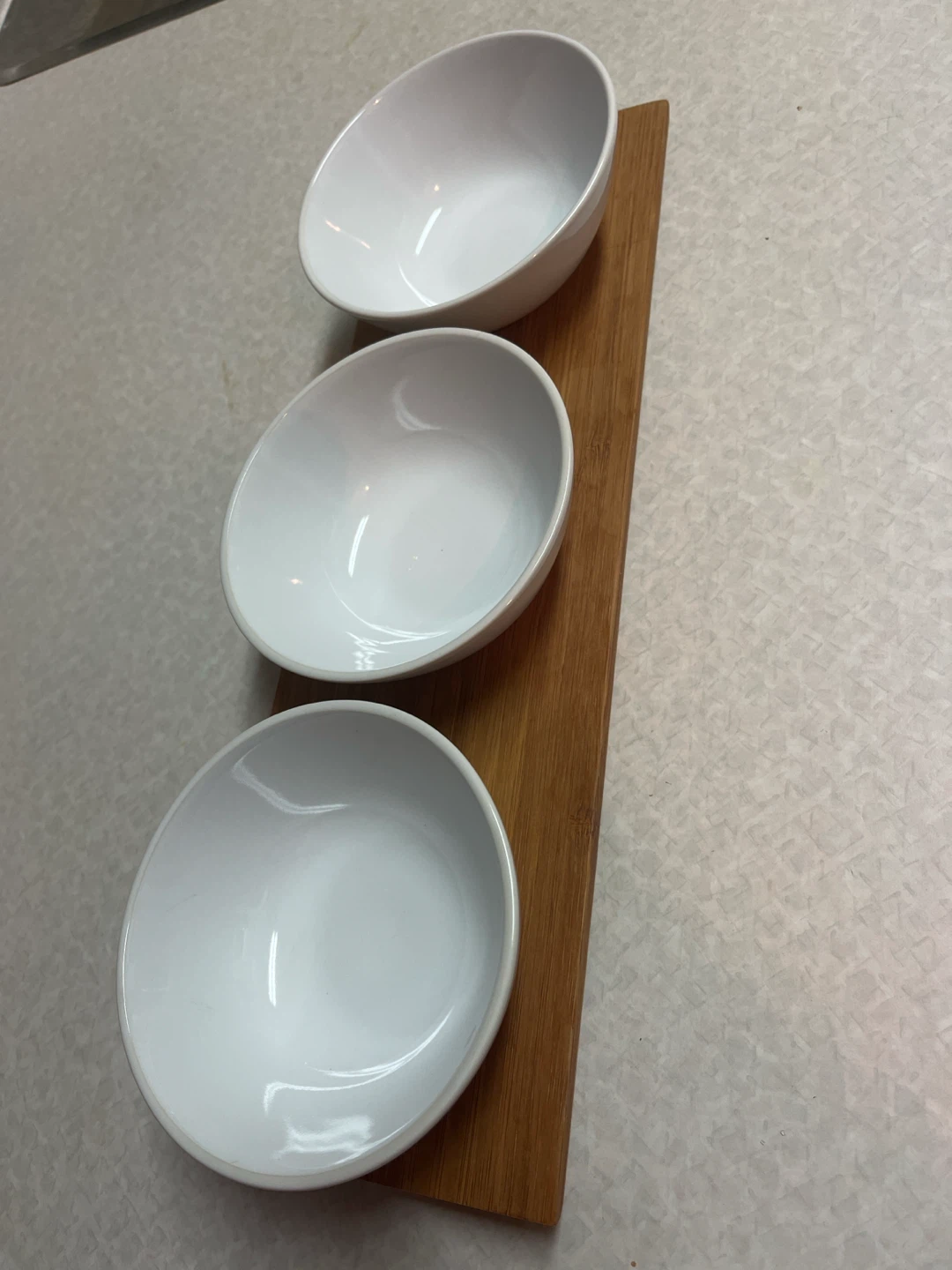 3 White Dip Bowls on Bamboo Platter