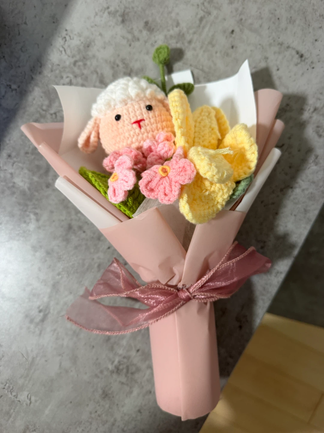 Crocheted Sheep and Flower Bouquet