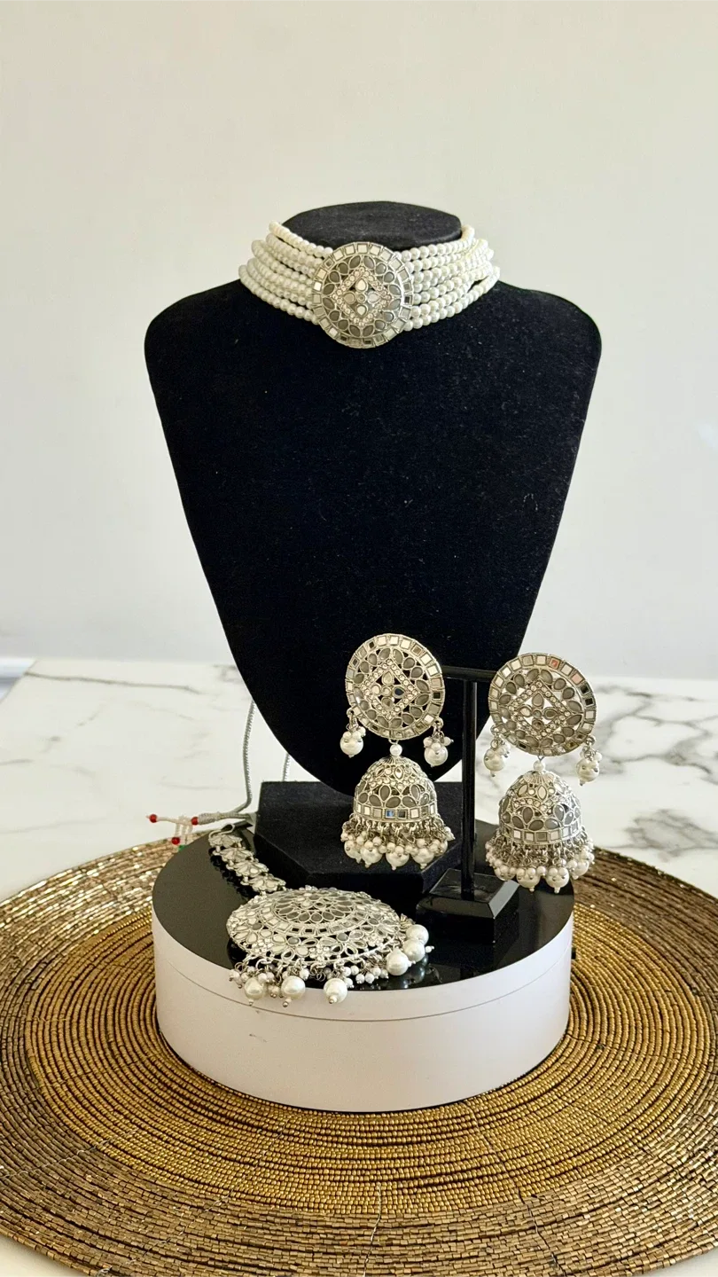 Grey mirror Choker Necklace and Jhumka Earrings Set